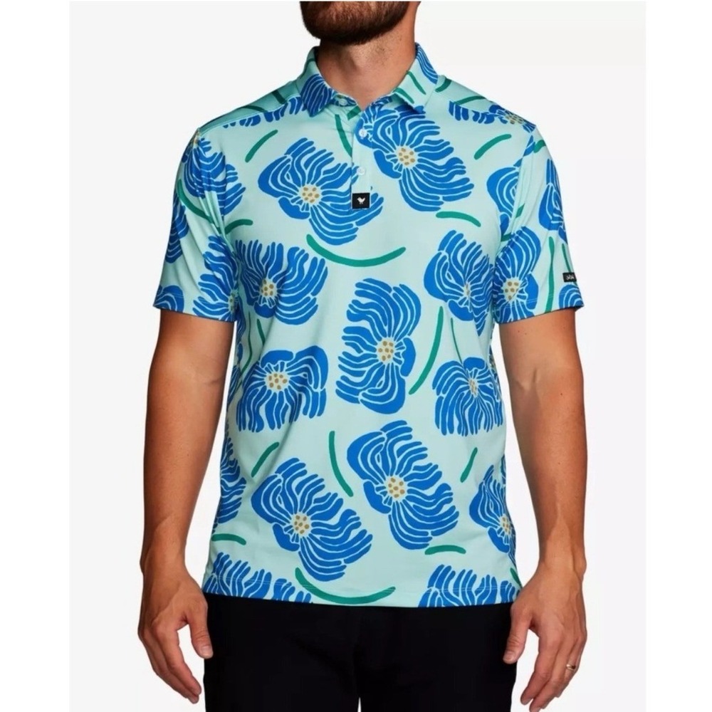 Bad Birdie Get ih My Jelly Floral Golf Polo Shirt Mint Green Blue Short Sleeve M